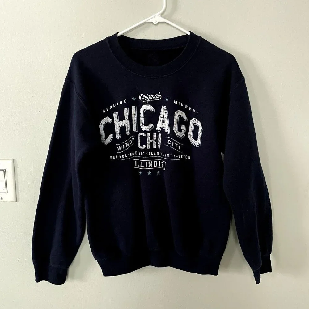 Unbranded Chicago Graphic Crewneck Sweater Medium Navy Blue Women Fleece Lining