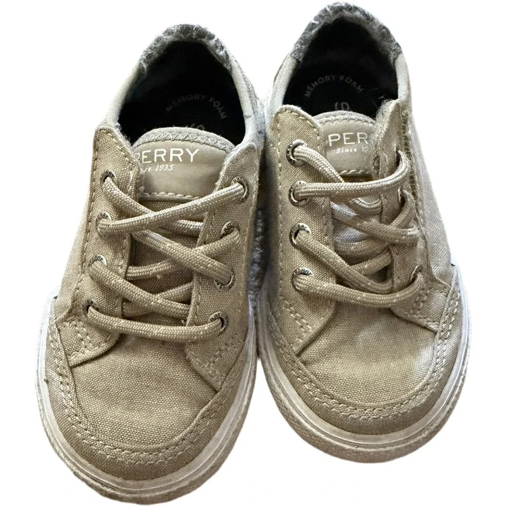 Sperry Deckfin Jr Toddler Sneakers Size 6 Beige Canvas Lace Up Memory Foam Shoes