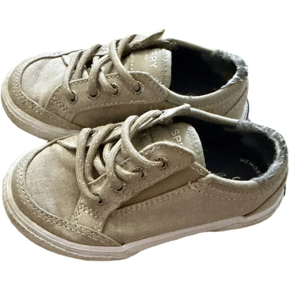 Sperry Deckfin Jr Toddler Sneakers Size 6 Beige Canvas Lace Up Memory Foam Shoes
