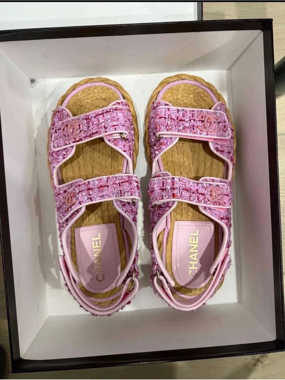 CHANEL Pink Tweed Kids Double-Strap Sandals