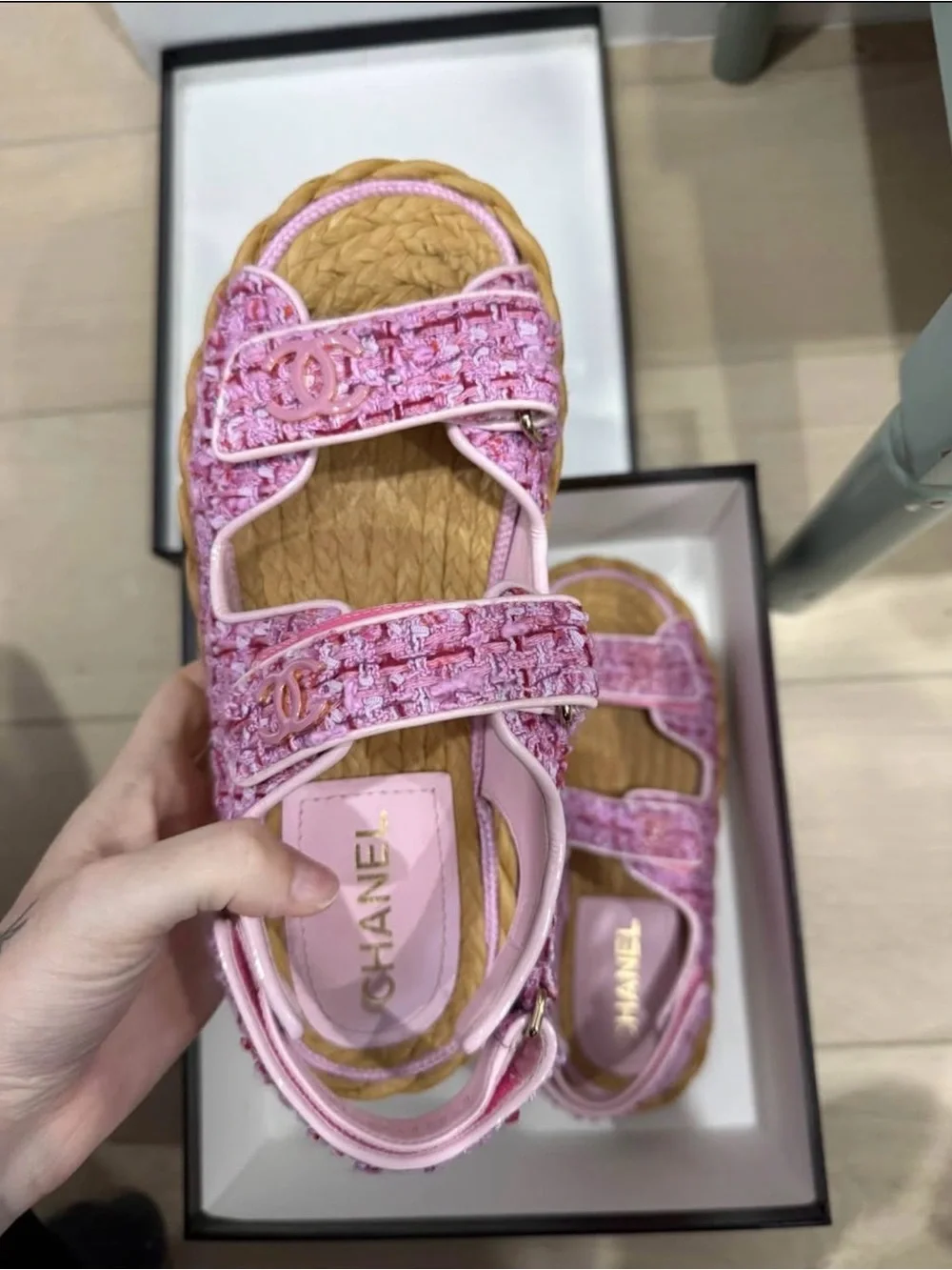 CHANEL Pink Tweed Kids Double-Strap Sandals