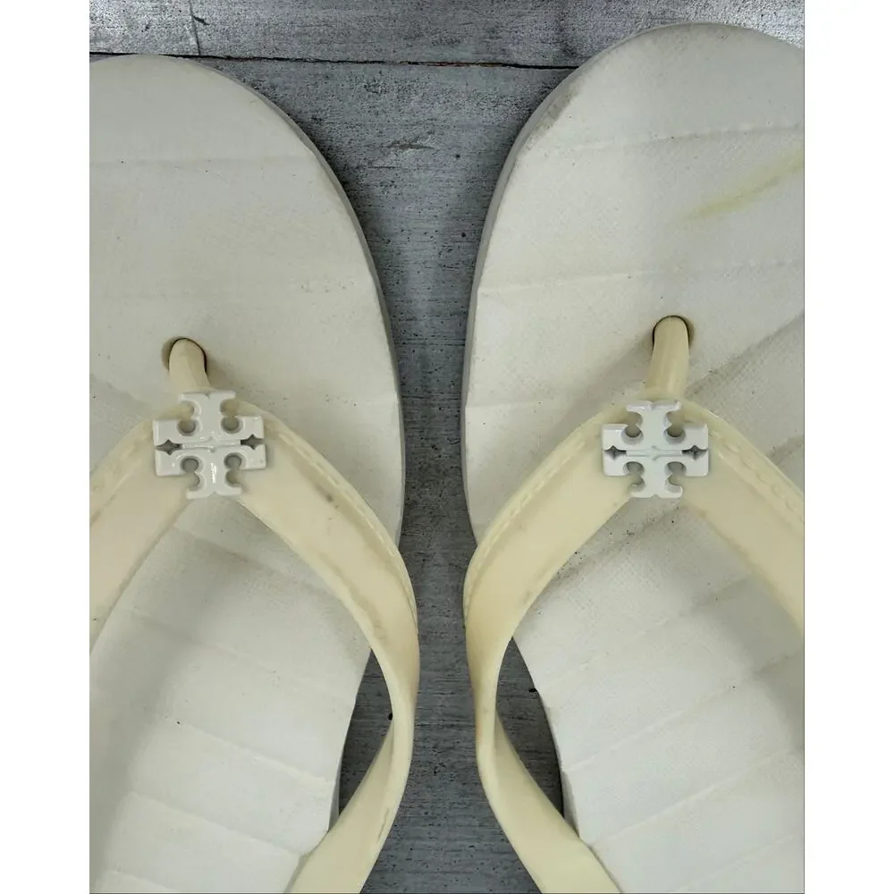 Tory Burch Logo Wedge Flip Flop Sandals Ivory Size 8 Summer Beach Vacation