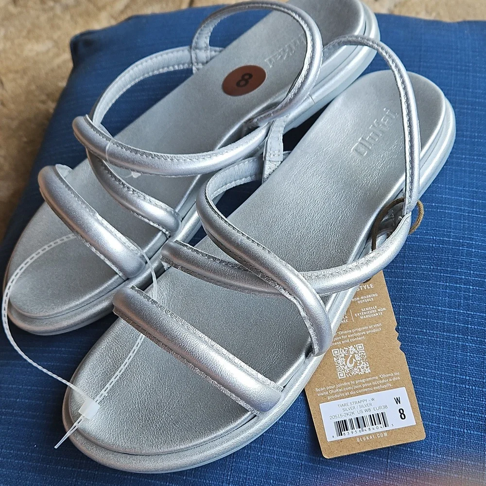 Sz 8- OluKai Tiare Leather Strappy Slingback Sandals, Color: Silver- EU38