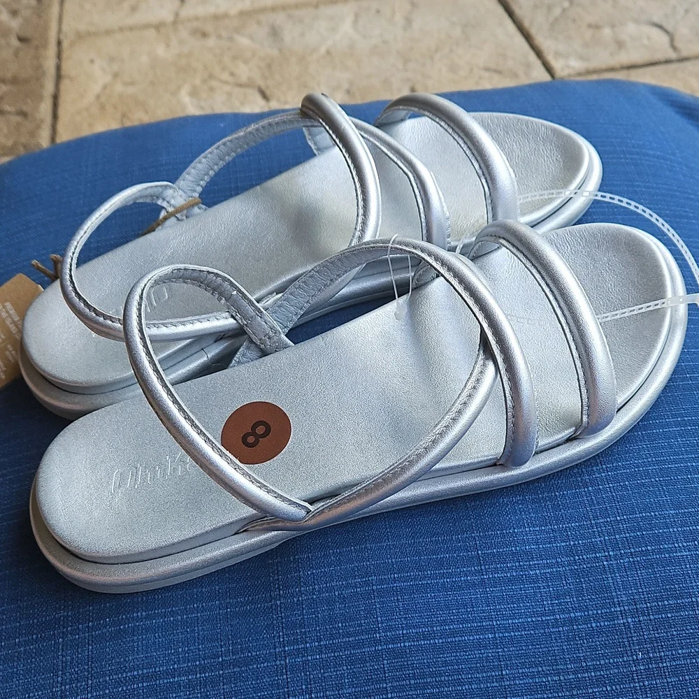 Sz 8- OluKai Tiare Leather Strappy Slingback Sandals, Color: Silver- EU38