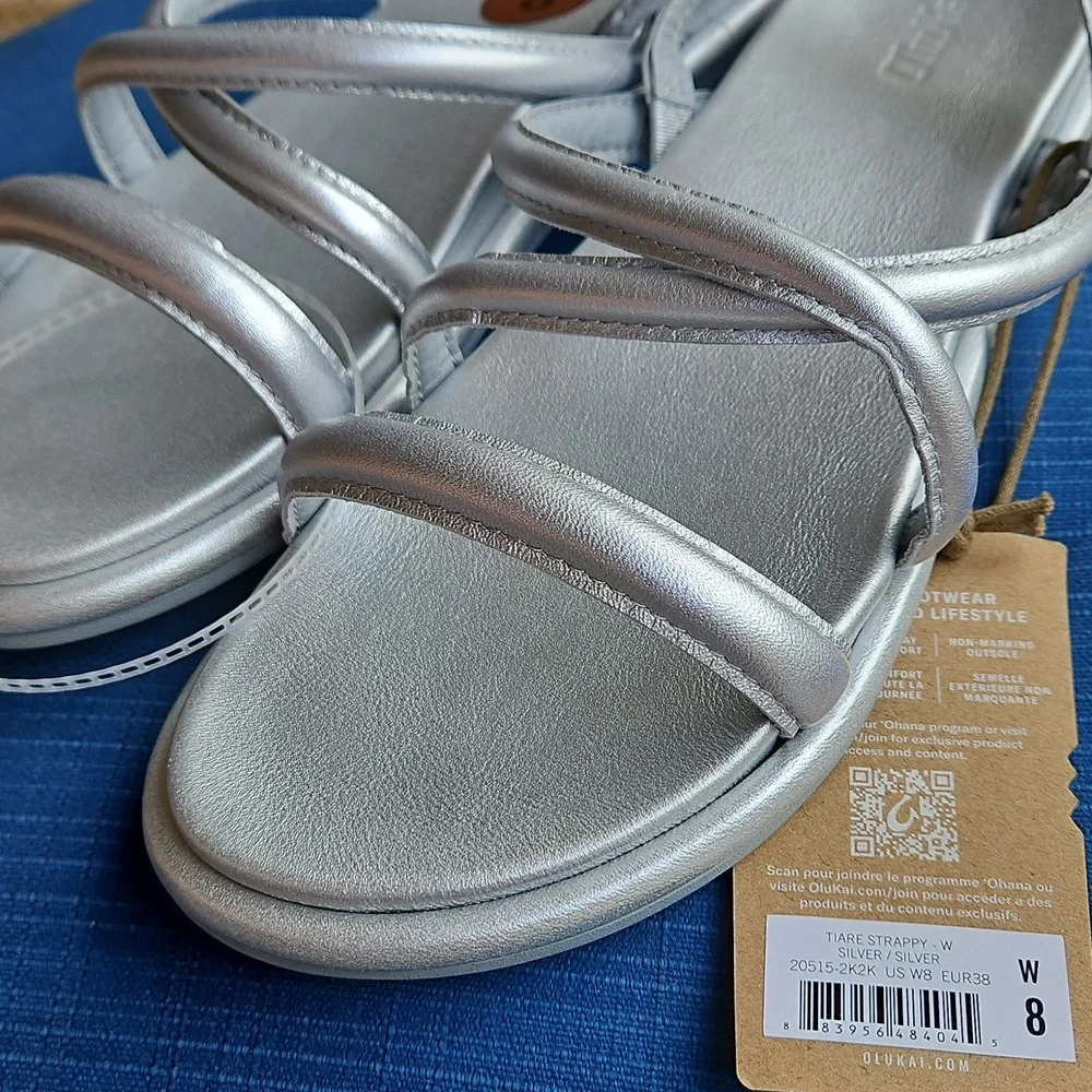 Sz 8- OluKai Tiare Leather Strappy Slingback Sandals, Color: Silver- EU38