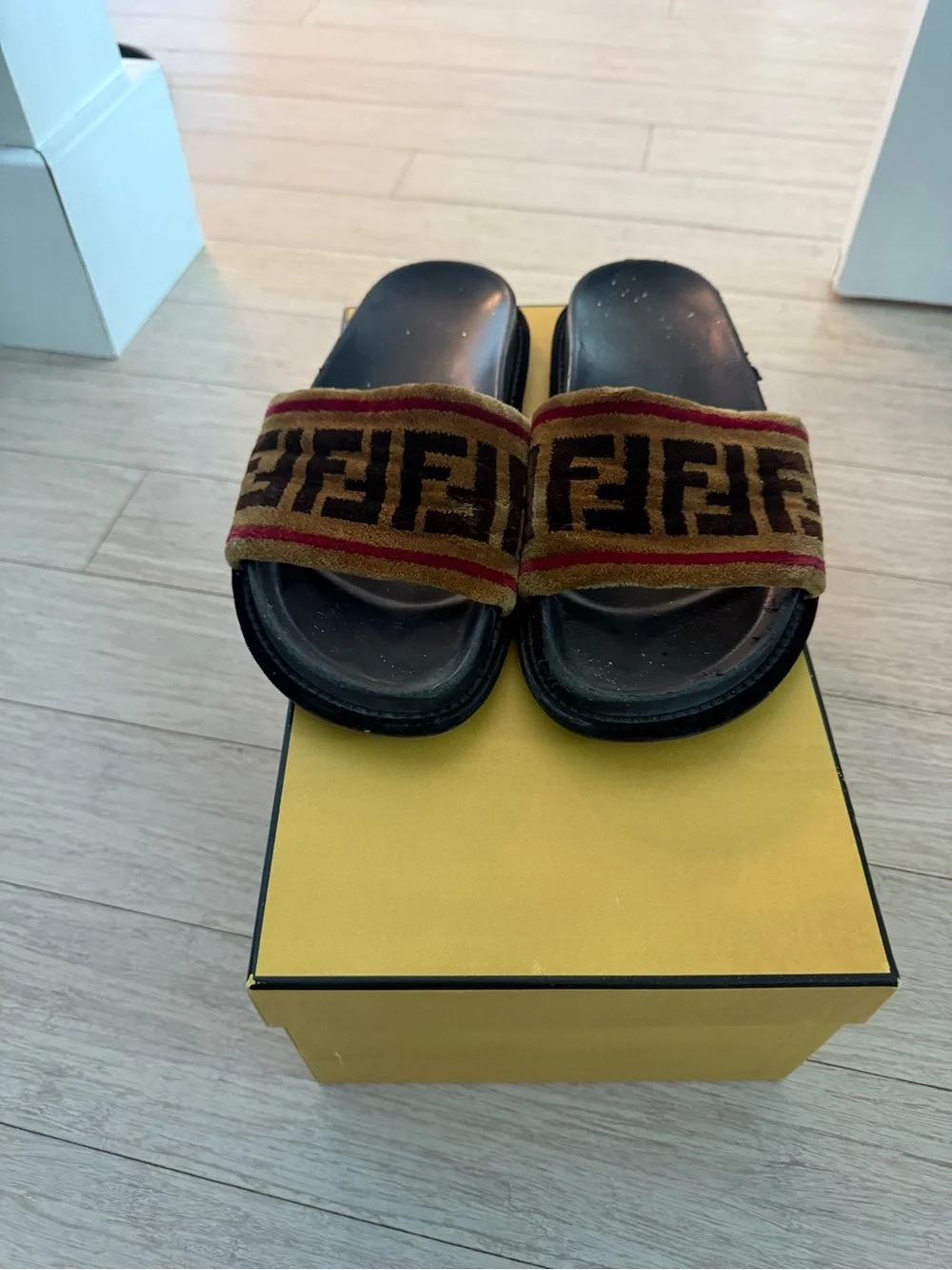 Fendi Brown Velvet FF Logo Slide Sandals with Red Stripe