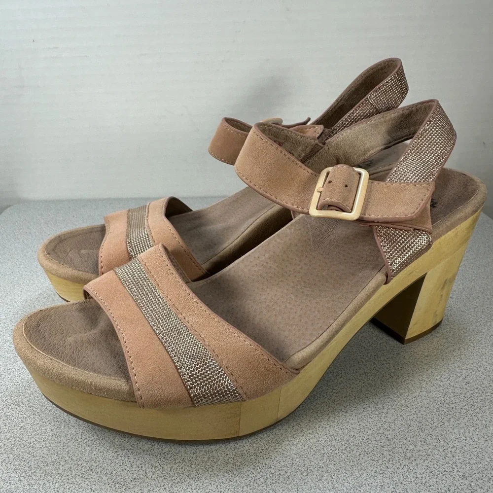 Earth Women's 10M Oak Chestnut Sandals Dusty Pink Rose Shimmer Wood‎ Block Heel