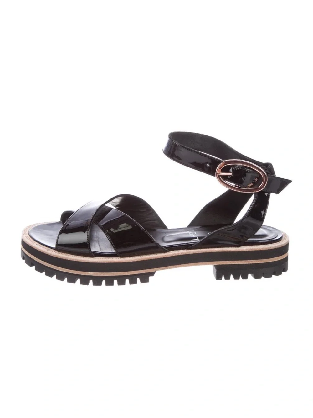 Repetto Black Patent Ankle-Strap Platform Sandal with Rose-Gold Buckle