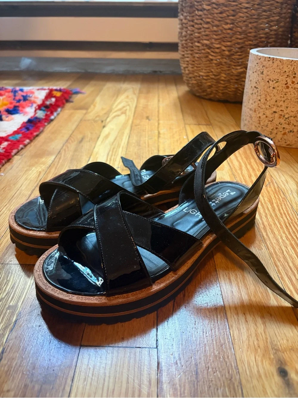 Repetto Black Patent Ankle-Strap Platform Sandal with Rose-Gold Buckle