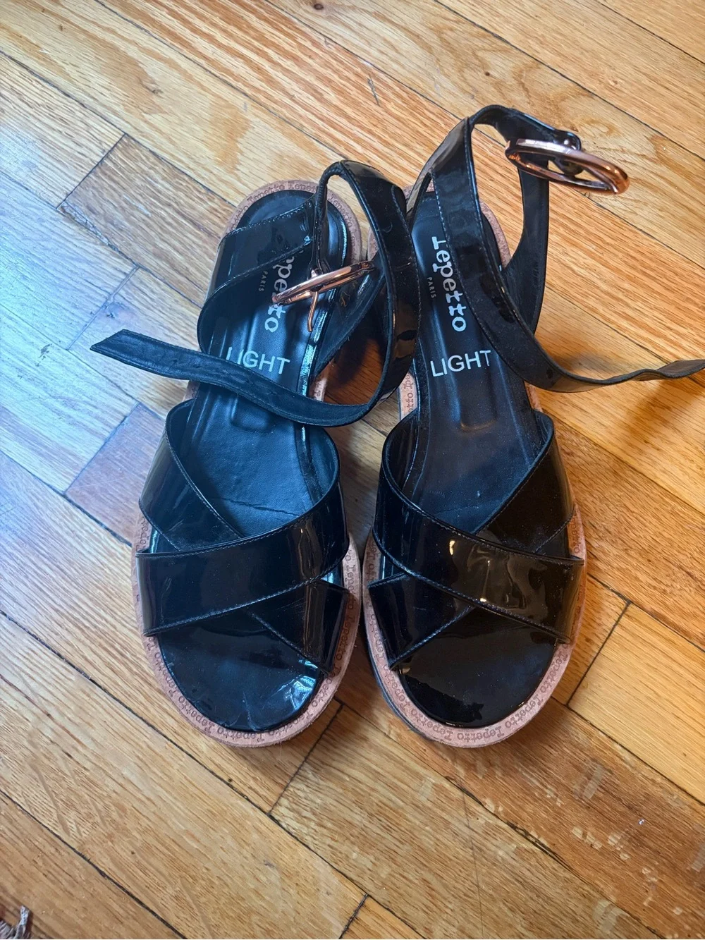Repetto Black Patent Ankle-Strap Platform Sandal with Rose-Gold Buckle