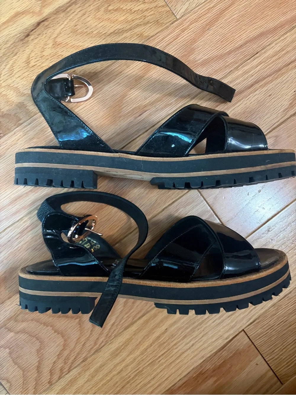 Repetto Black Patent Ankle-Strap Platform Sandal with Rose-Gold Buckle