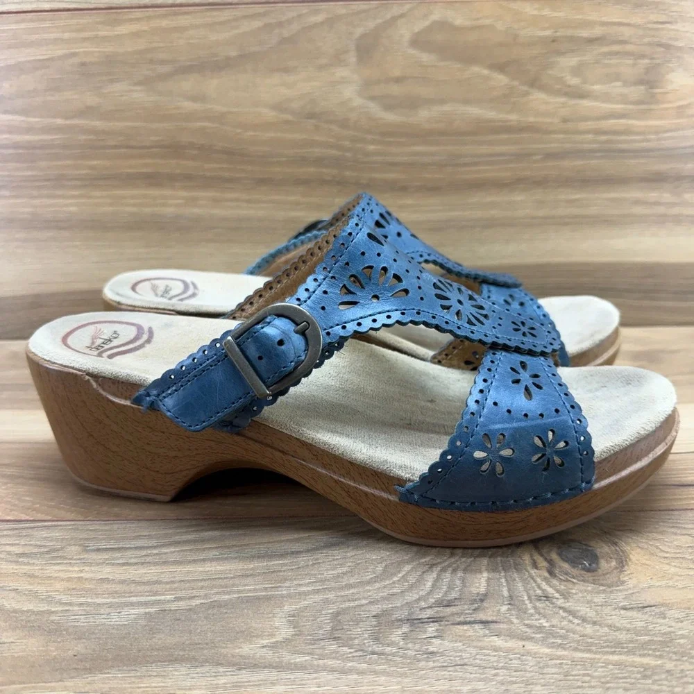 Dansko Flower Cut Out Sandals Womens 11 EU 41 Blue Leather Buckle‎ Slip On Wedge