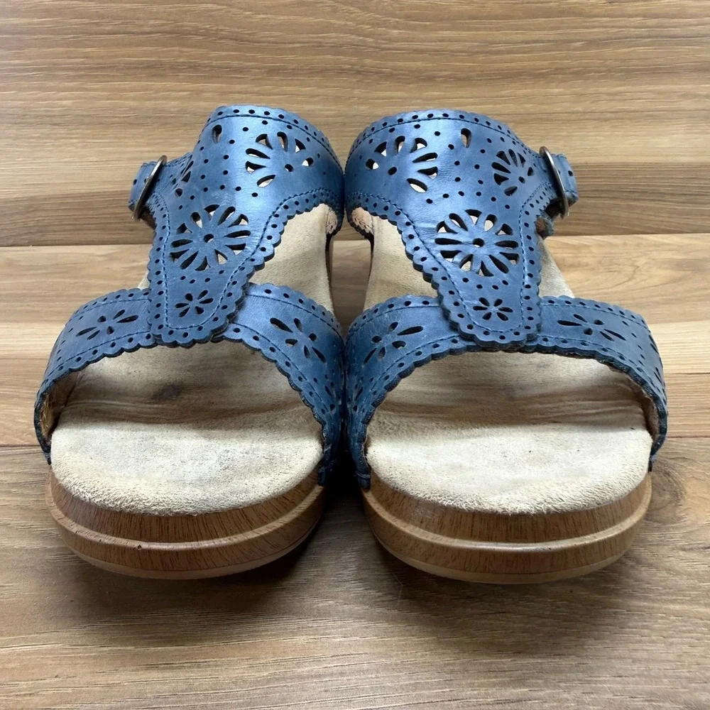 Dansko Flower Cut Out Sandals Womens 11 EU 41 Blue Leather Buckle‎ Slip On Wedge