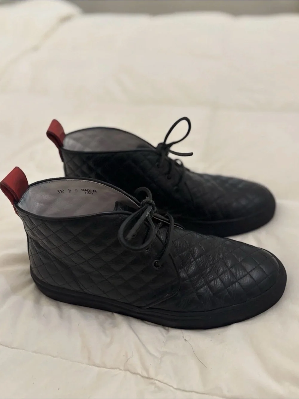 Del Toro Men's Black Quilted Leather Lace-Up Boots with Red Heel Tab Size 9