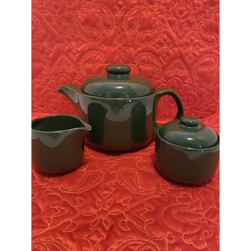 Waechtersbach Teapot, Creamer And‎ Covered Sugar Bowl Rare Green Ceramic