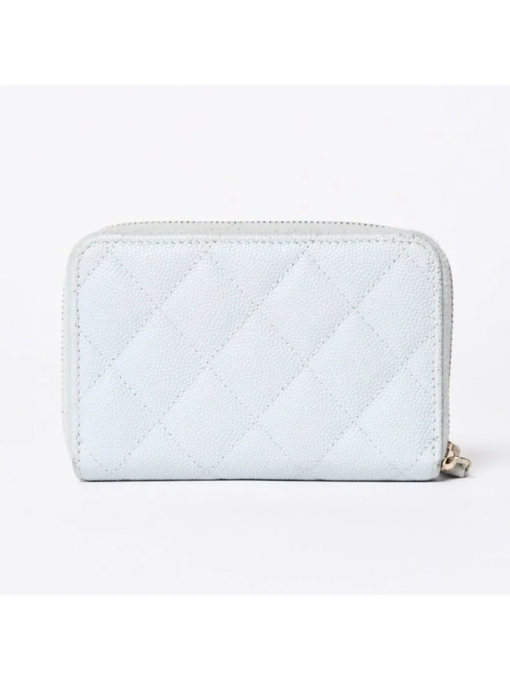 Chanel Round Zip Wallet Stand CC Logo Caviar Leather Light Blue Gold