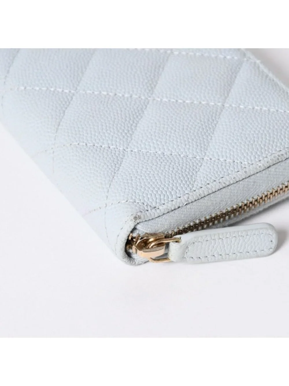 Chanel Round Zip Wallet Stand CC Logo Caviar Leather Light Blue Gold