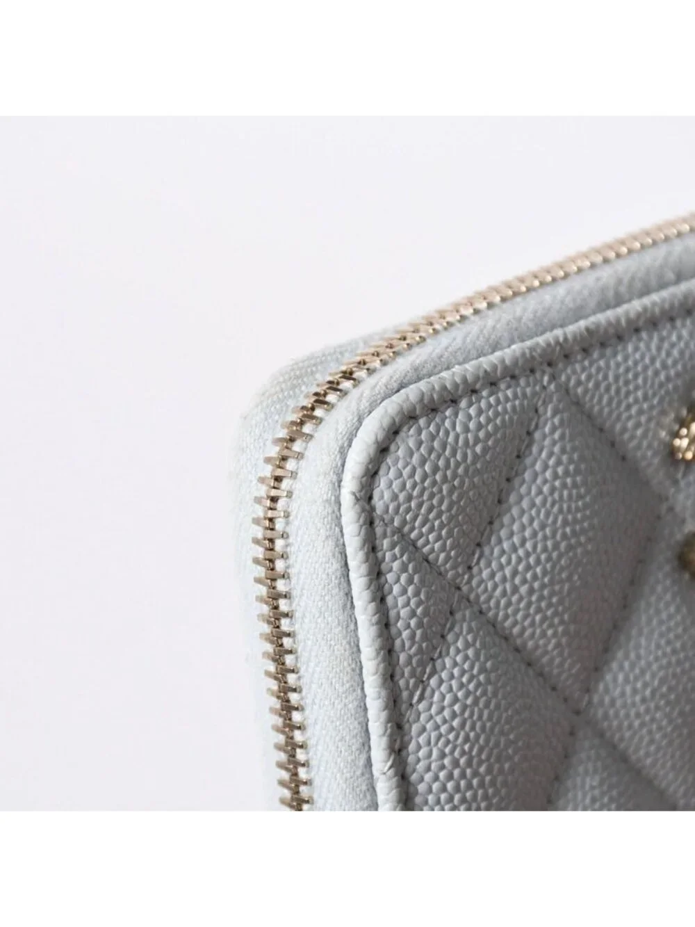 Chanel Round Zip Wallet Stand CC Logo Caviar Leather Light Blue Gold