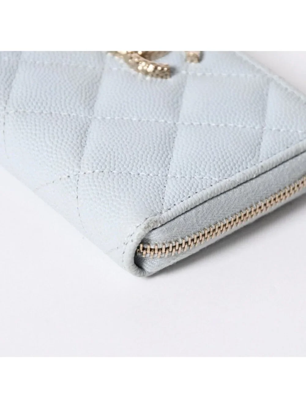 Chanel Round Zip Wallet Stand CC Logo Caviar Leather Light Blue Gold