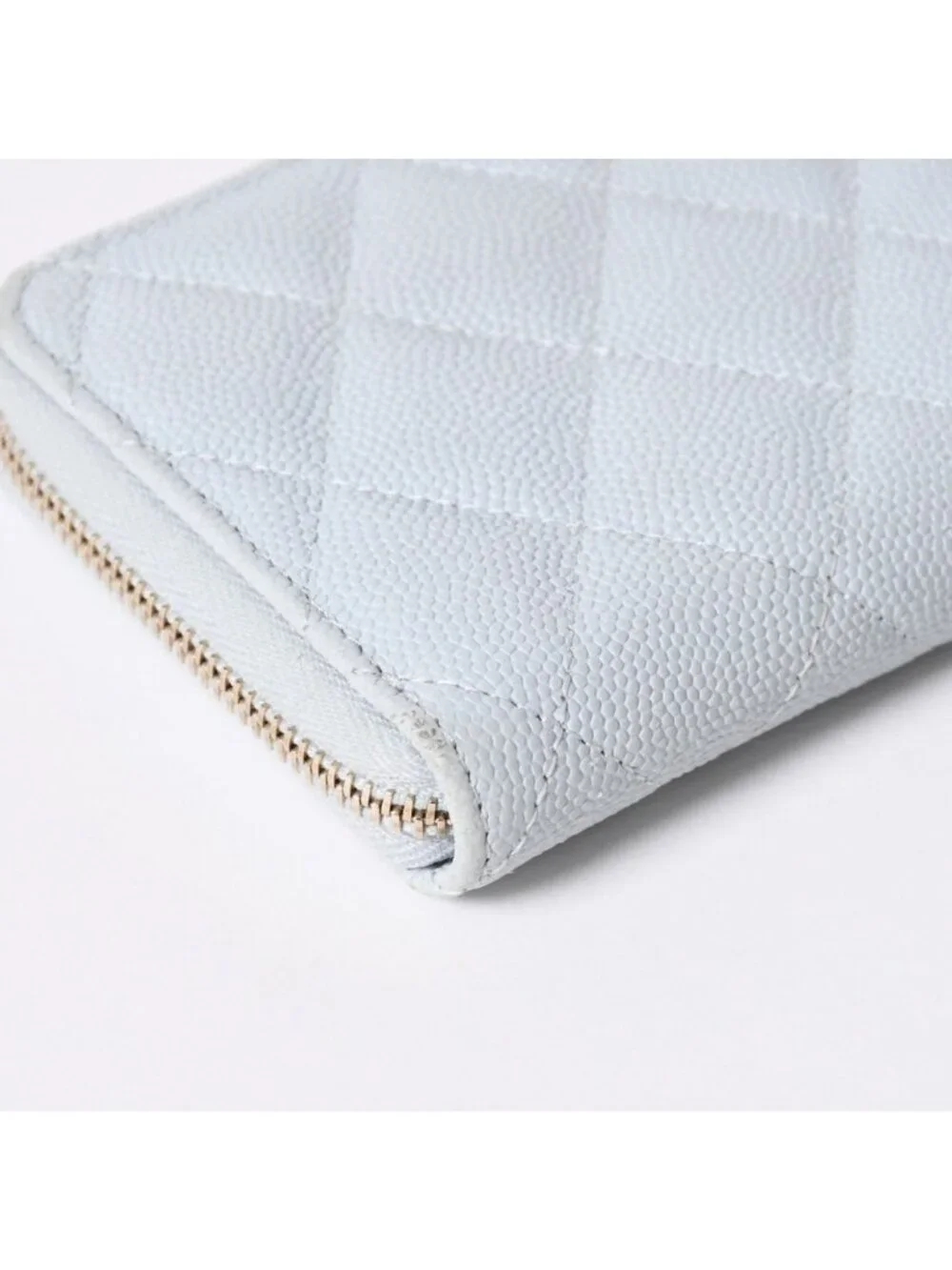 Chanel Round Zip Wallet Stand CC Logo Caviar Leather Light Blue Gold
