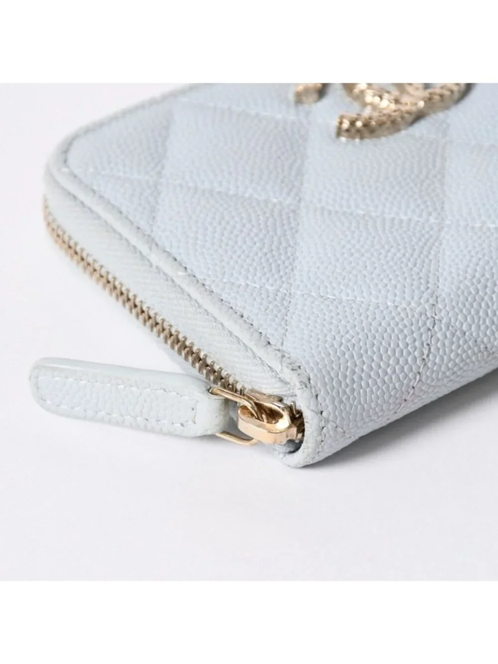 Chanel Round Zip Wallet Stand CC Logo Caviar Leather Light Blue Gold