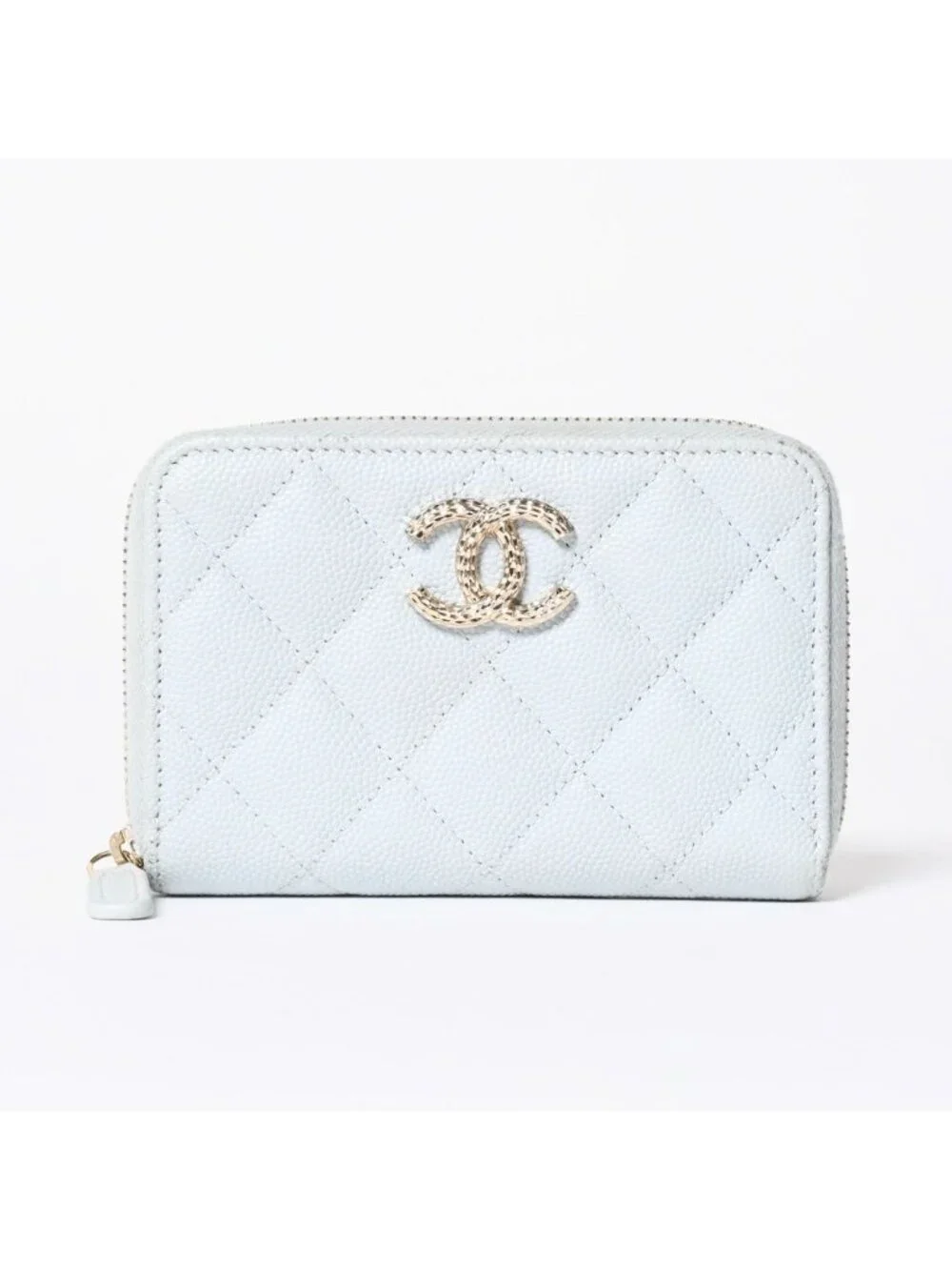 Chanel Round Zip Wallet Stand CC Logo Caviar Leather Light Blue Gold