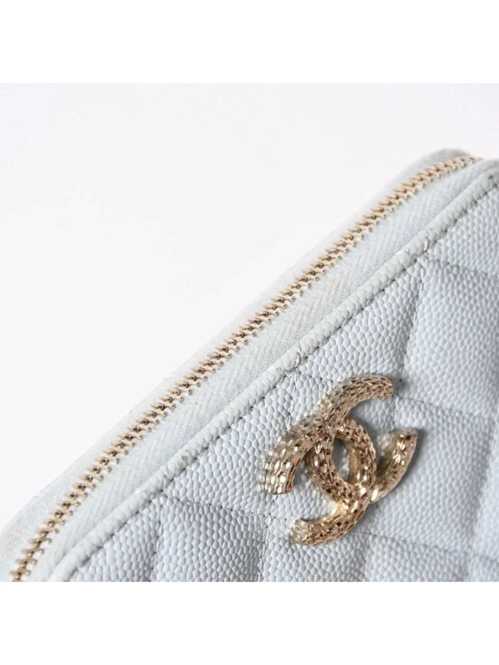 Chanel Round Zip Wallet Stand CC Logo Caviar Leather Light Blue Gold
