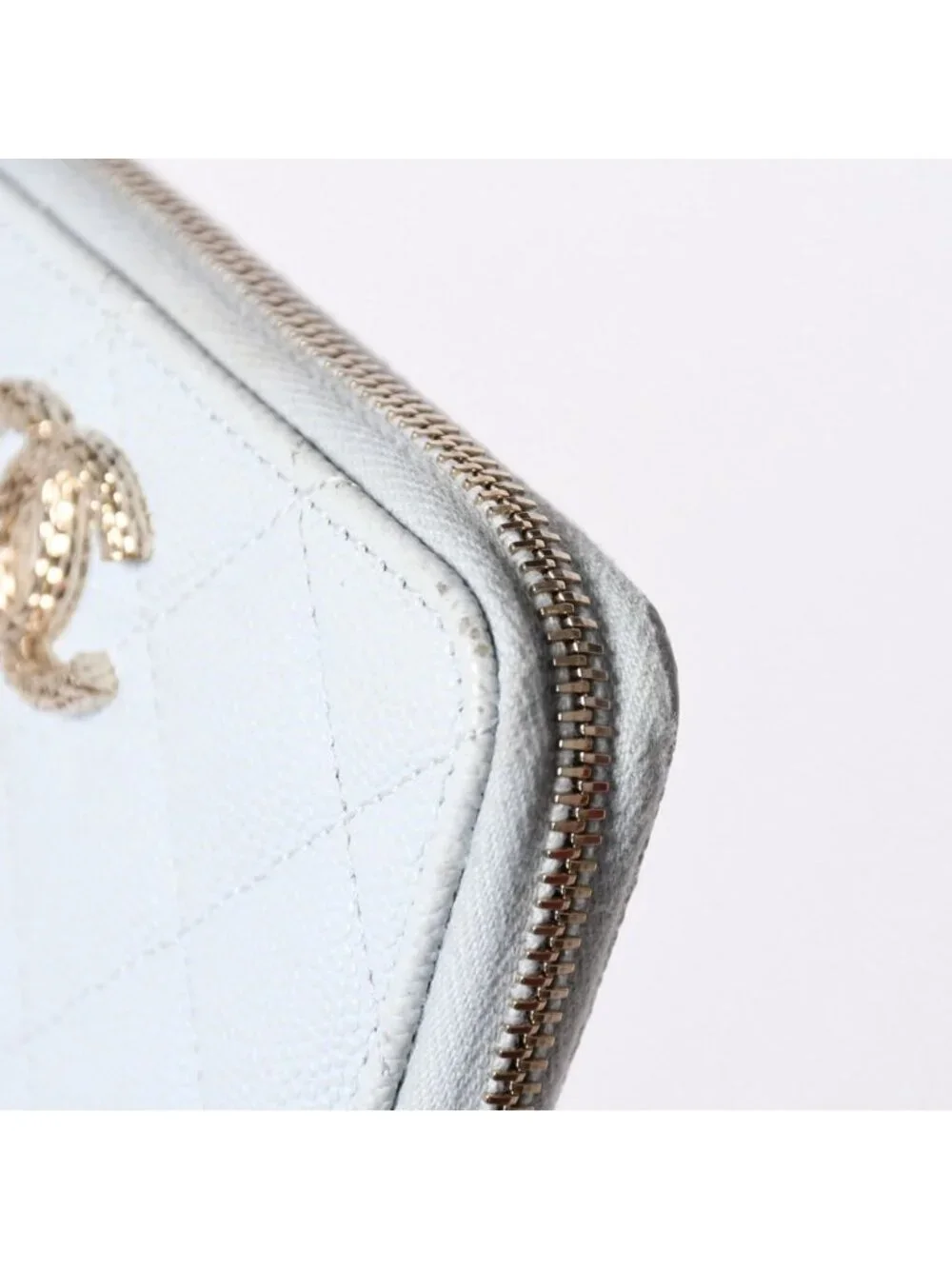 Chanel Round Zip Wallet Stand CC Logo Caviar Leather Light Blue Gold