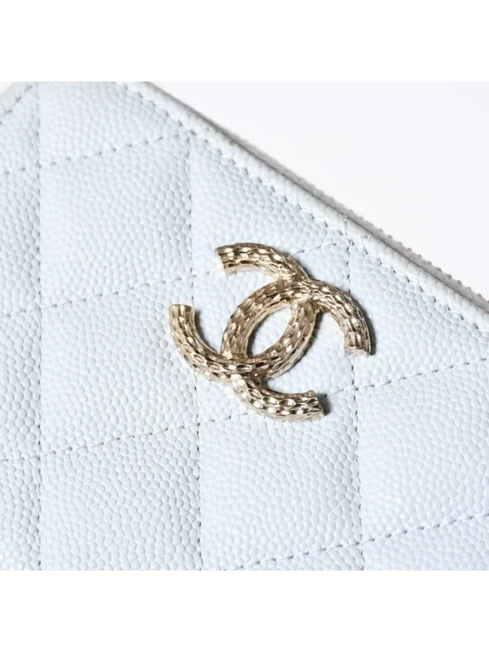 Chanel Round Zip Wallet Stand CC Logo Caviar Leather Light Blue Gold