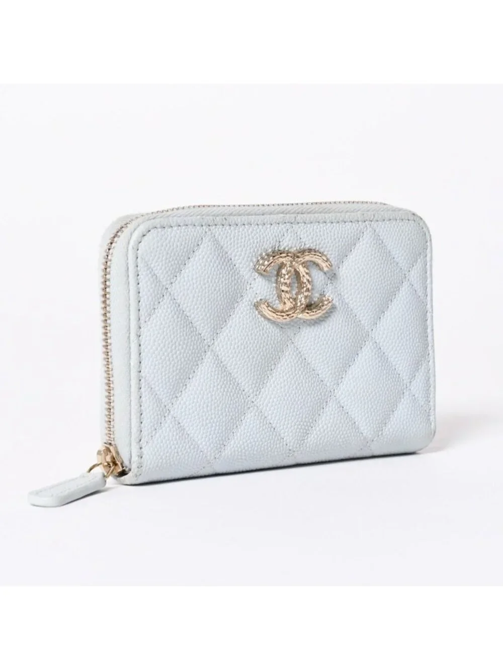 Chanel Round Zip Wallet Stand CC Logo Caviar Leather Light Blue Gold