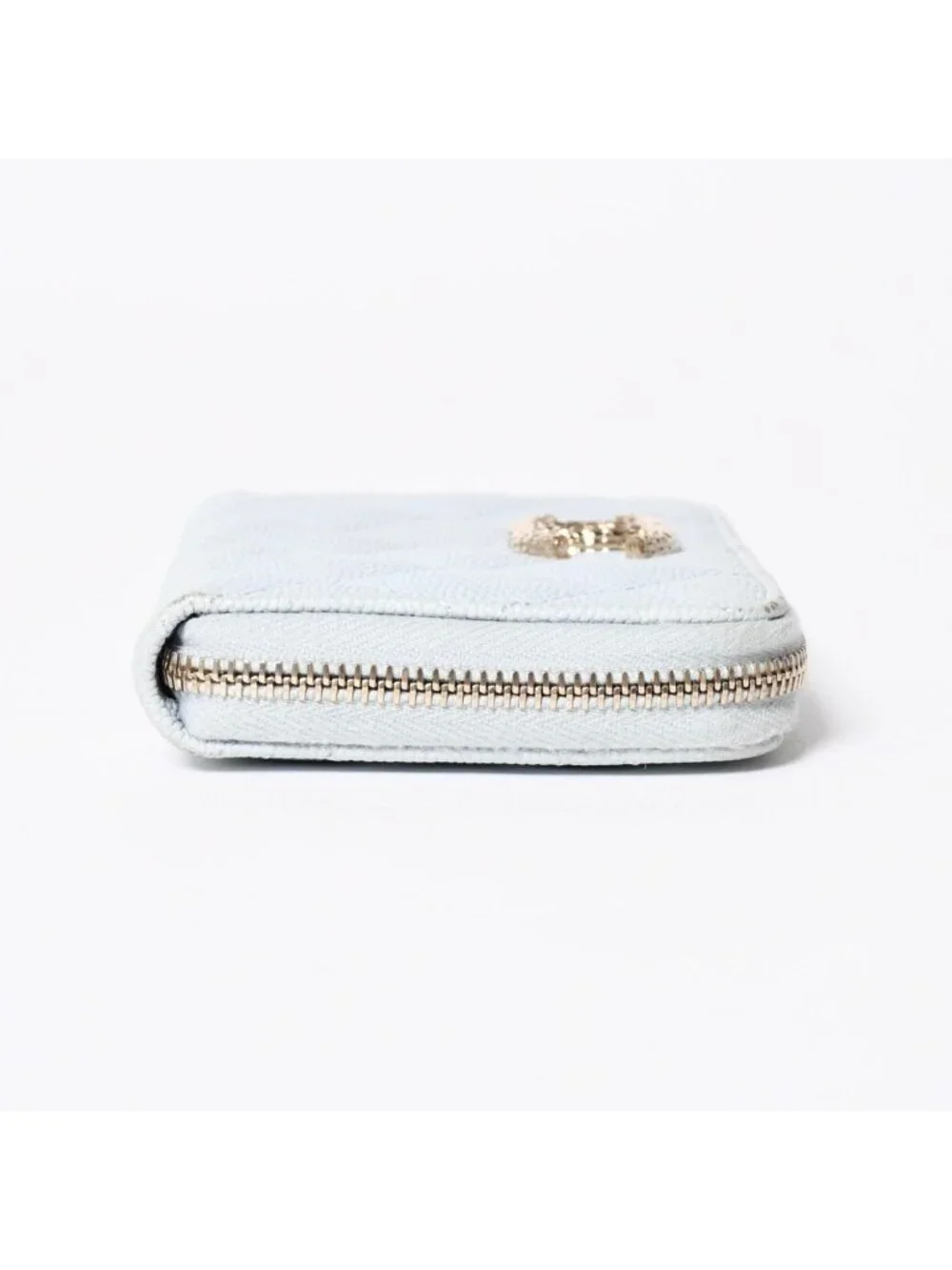 Chanel Round Zip Wallet Stand CC Logo Caviar Leather Light Blue Gold