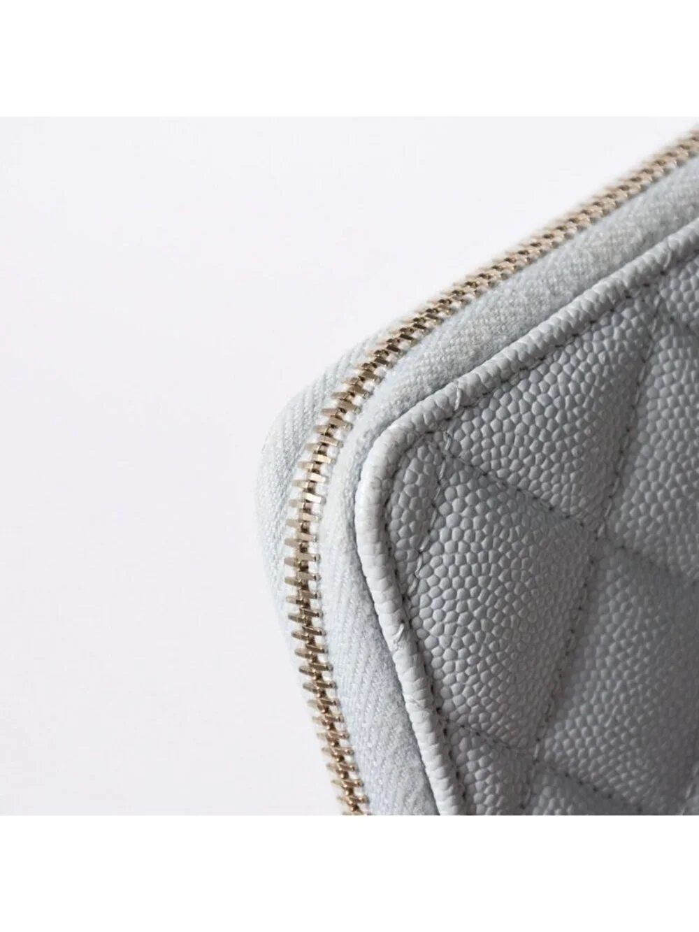 Chanel Round Zip Wallet Stand CC Logo Caviar Leather Light Blue Gold