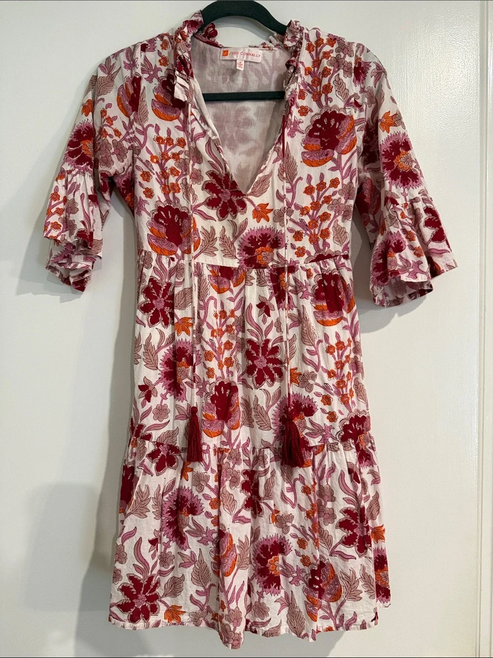 Jude Connally Pink Floral Tiered Mini Dress with Red and Orange Accents