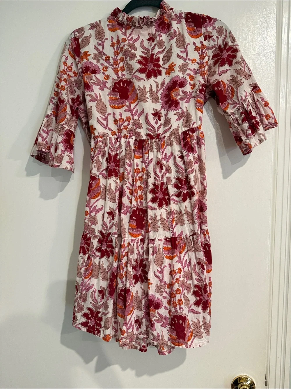 Jude Connally Pink Floral Tiered Mini Dress with Red and Orange Accents