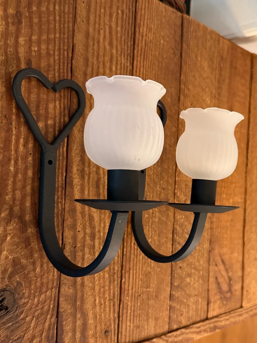 BOHO White Glass Tulip Wall Sconce Pair - Rustic Black Metal Heart