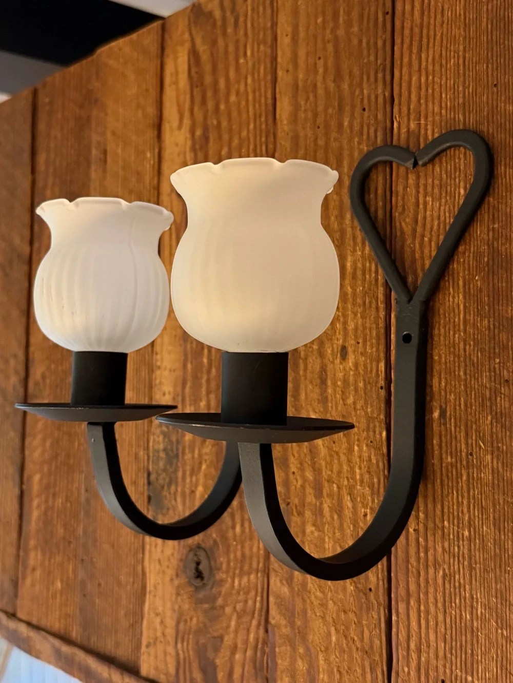 BOHO White Glass Tulip Wall Sconce Pair - Rustic Black Metal Heart