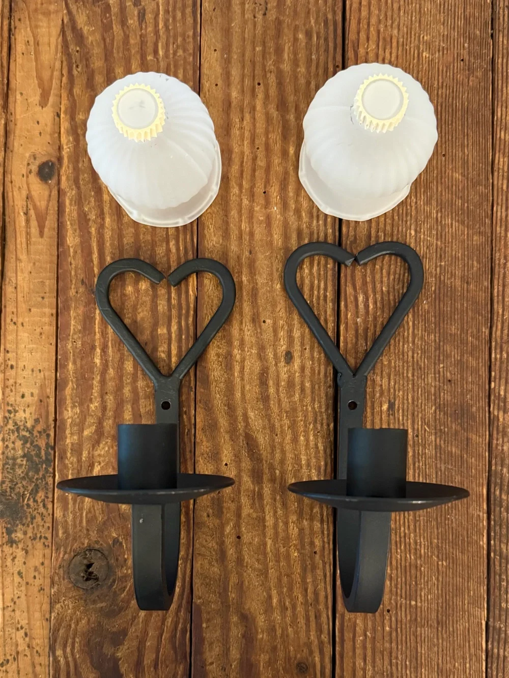 BOHO White Glass Tulip Wall Sconce Pair - Rustic Black Metal Heart