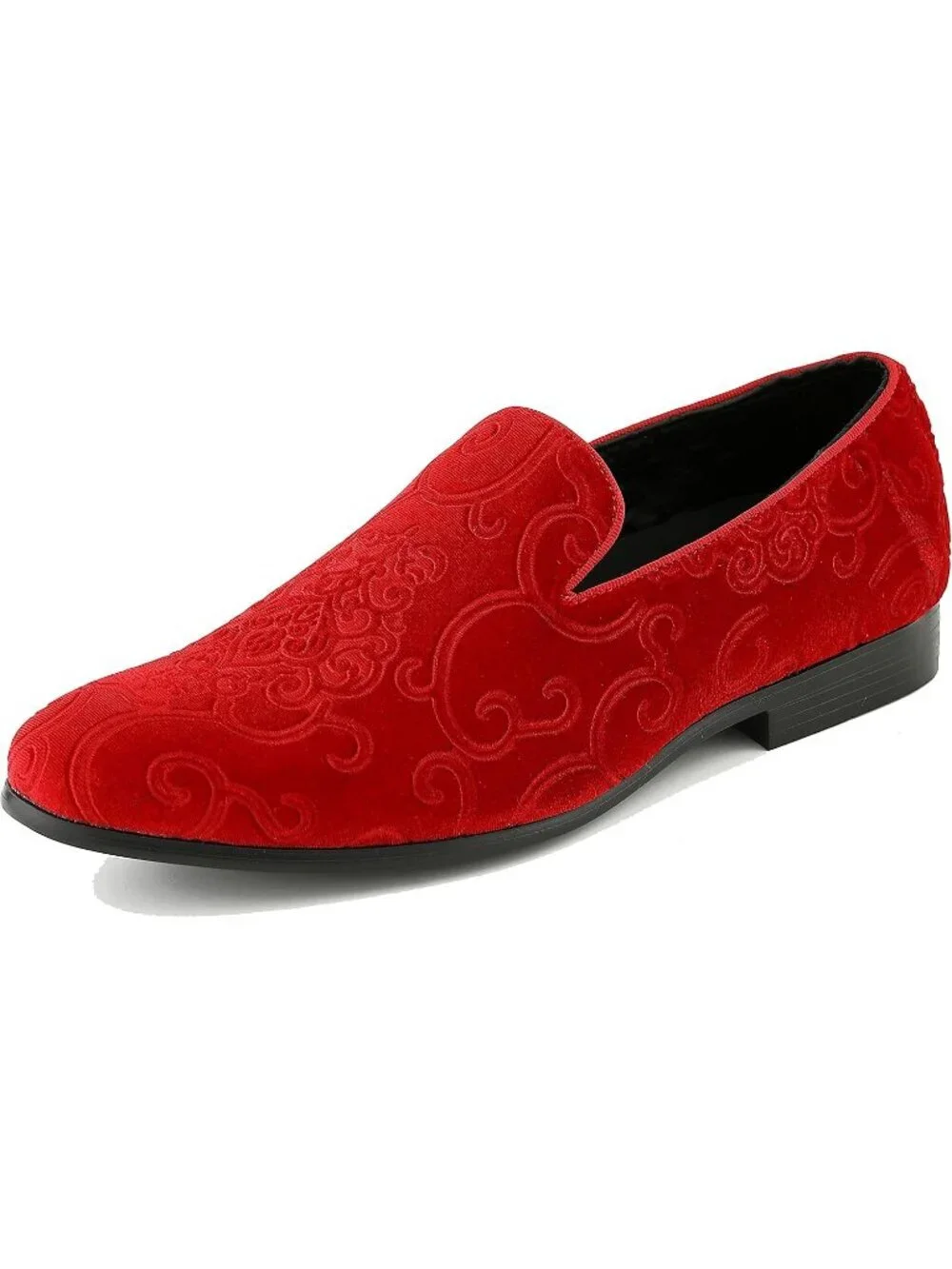 Amali Men's Red Paisley Embossed Velvet Loafers Satin Trim Slip On Tuxedo Shoes