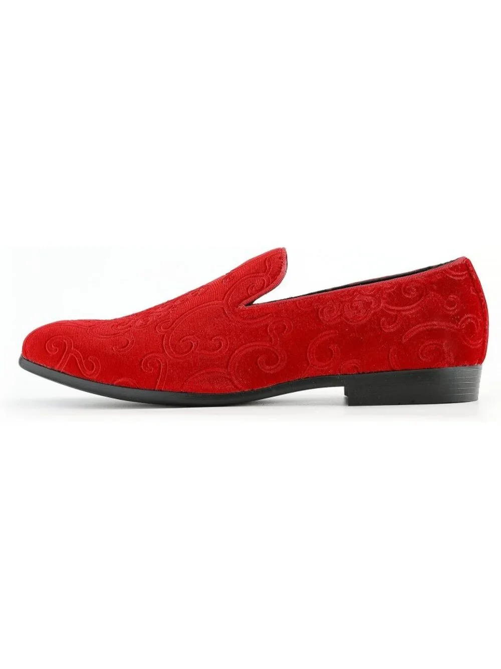 Amali Men's Red Paisley Embossed Velvet Loafers Satin Trim Slip On Tuxedo Shoes