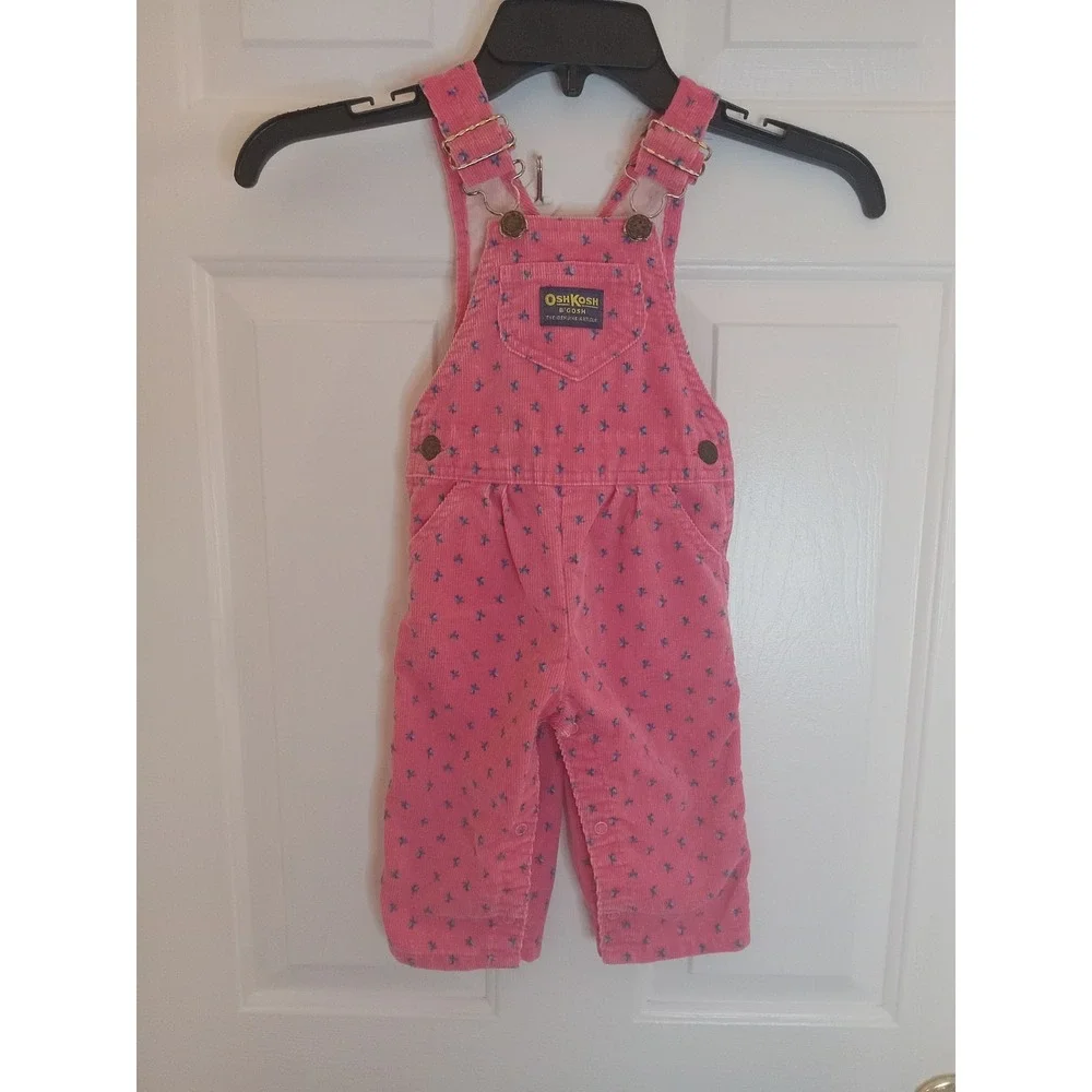 VTG 80s OshKosh B'gosh Pink Floral‎ Print Corduroy Bib Overalls 18 Months