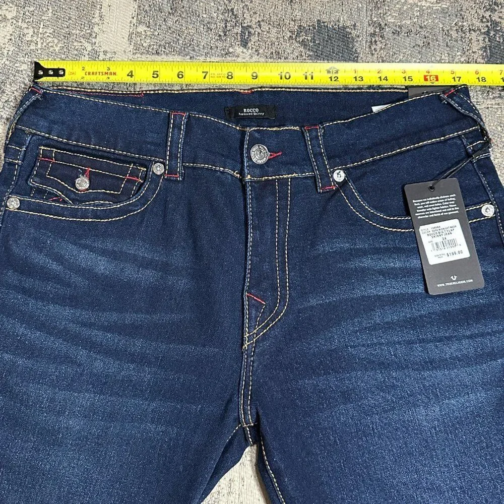 True Religion Men Jeans Blue ROCCO Big T Flap Relaxed Skinny $199 size 34 36 NEW