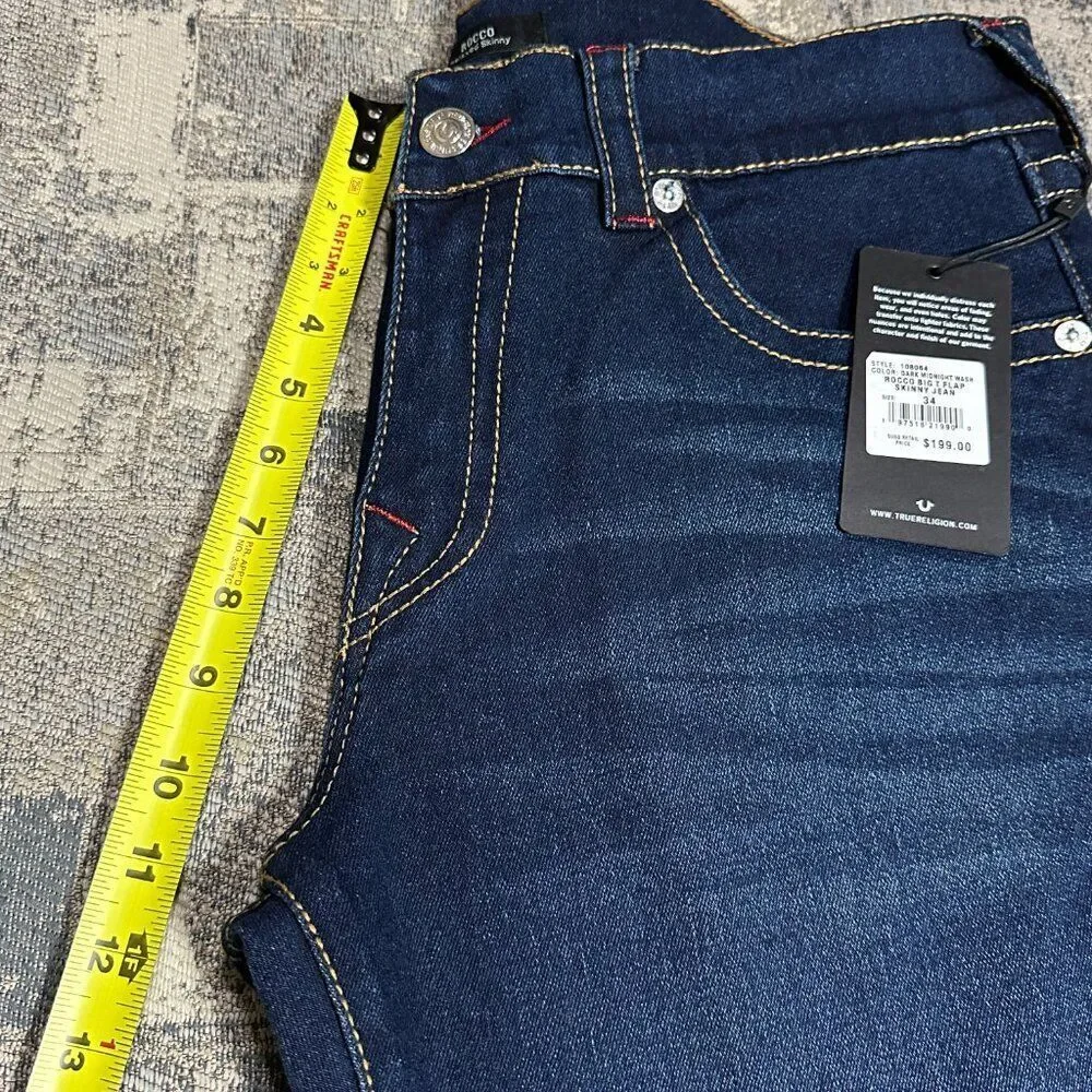 True Religion Men Jeans Blue ROCCO Big T Flap Relaxed Skinny $199 size 34 36 NEW