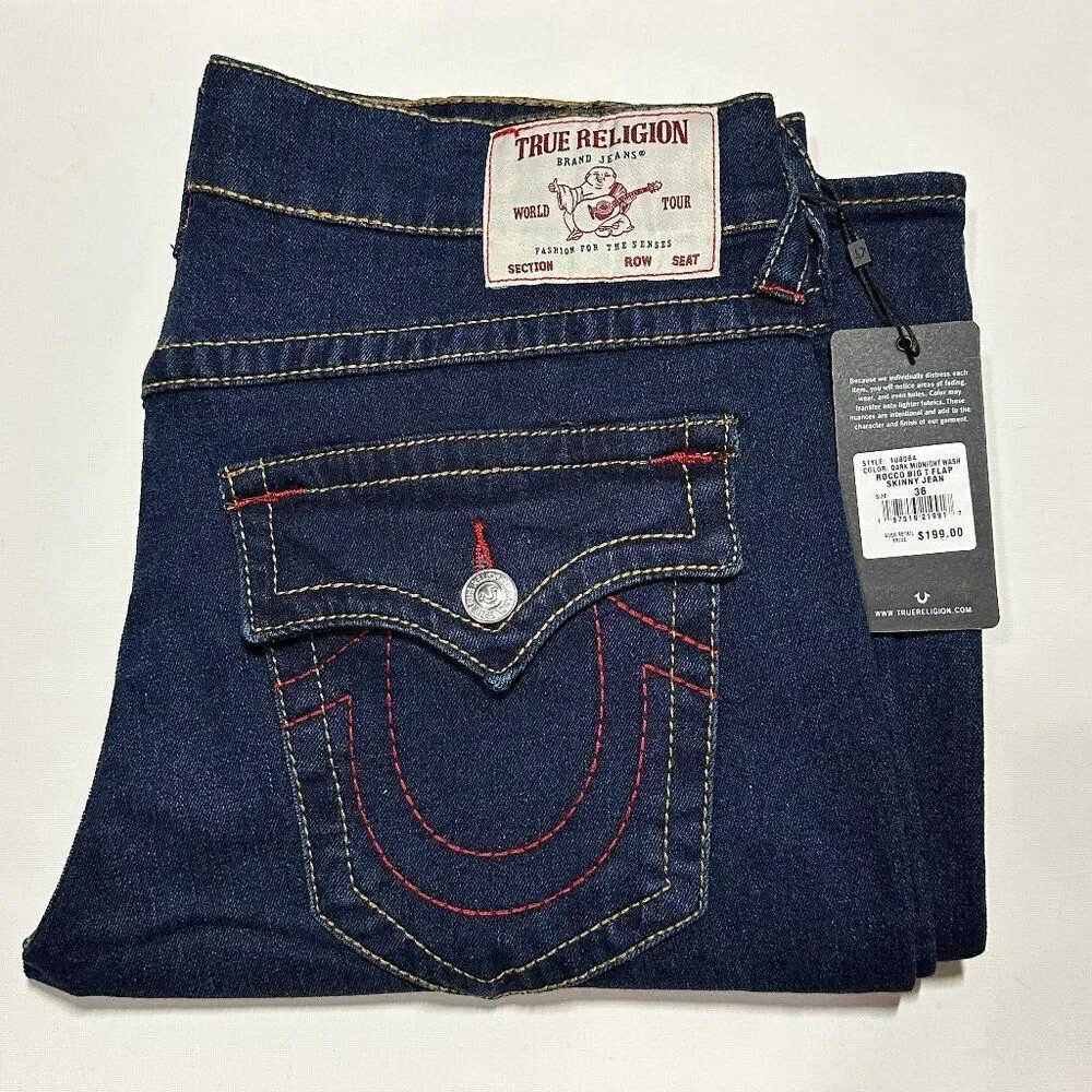 True Religion Men Jeans Blue ROCCO Big T Flap Relaxed Skinny $199 size 34 36 NEW