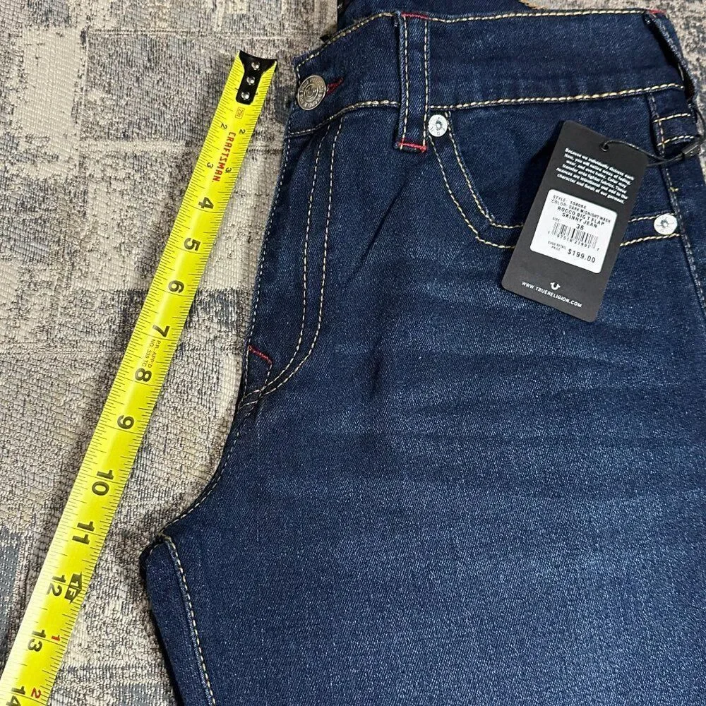 True Religion Men Jeans Blue ROCCO Big T Flap Relaxed Skinny $199 size 34 36 NEW