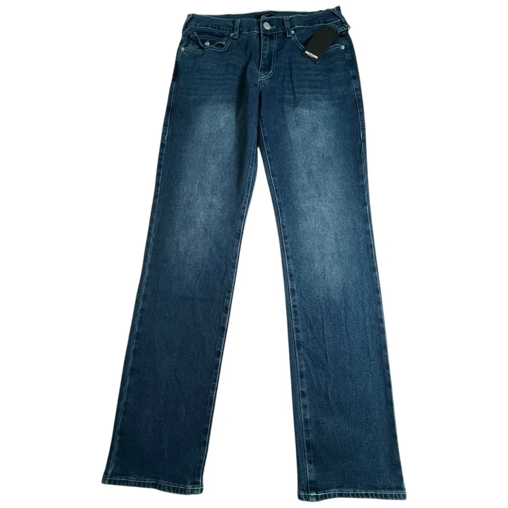 NEW True‎ Religion Mens 31X34 Ricky Relaxed Straight Flap Pocket Dark Wash Jeans