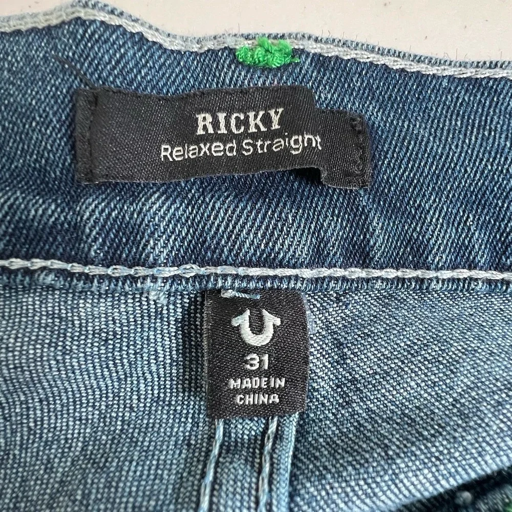 NEW True‎ Religion Mens 31X34 Ricky Relaxed Straight Flap Pocket Dark Wash Jeans