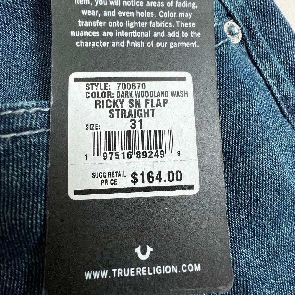 NEW True‎ Religion Mens 31X34 Ricky Relaxed Straight Flap Pocket Dark Wash Jeans