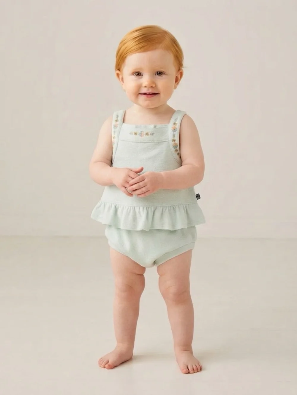 Ruffled Light Mint Baby Girl Bloomer Outfit Set With Embroidered