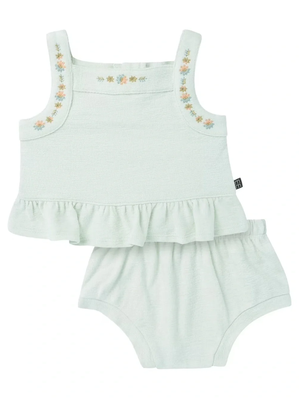 Ruffled Light Mint Baby Girl Bloomer Outfit Set With Embroidered