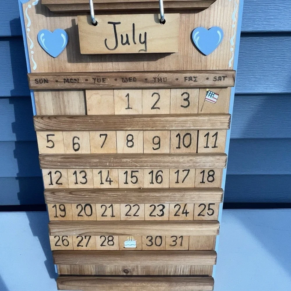 Vtg Wood Perpetual Calendar Bird Cottage Grannycore 80s 90s Farmhouse Tiles